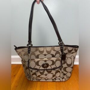 Coach F14659 Leah Signature Shoulder Tote Handbag Brown and Silver